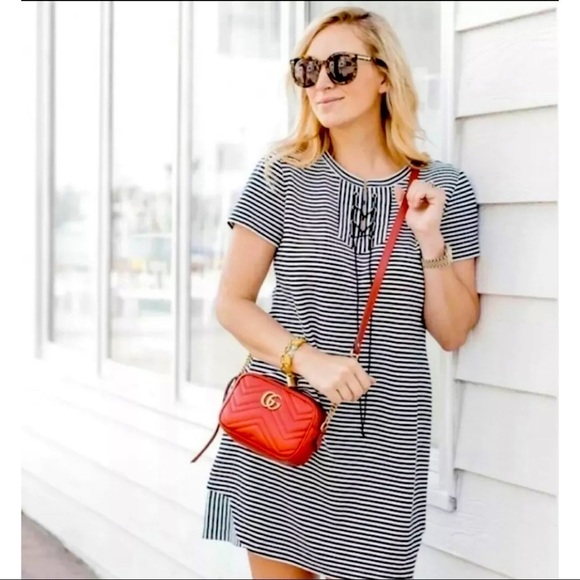 Cabi Sz M Navy Blue White Striped Lace Up Nautical Shift Dress Summer Beach - Picture 1 of 9